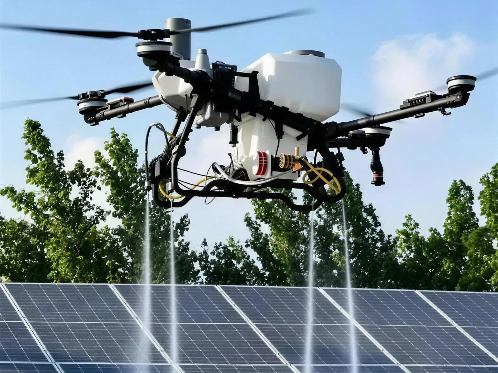 Il drone DJI Agras T100 in volo sopra un impianto fotovoltaico, con quattro getti di detergente sui pannelli