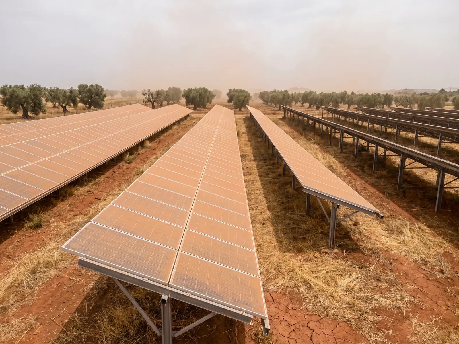 Pannelli fotovoltaici coperti di polvere rossiccia in una zona secca, sotto un cielo velato