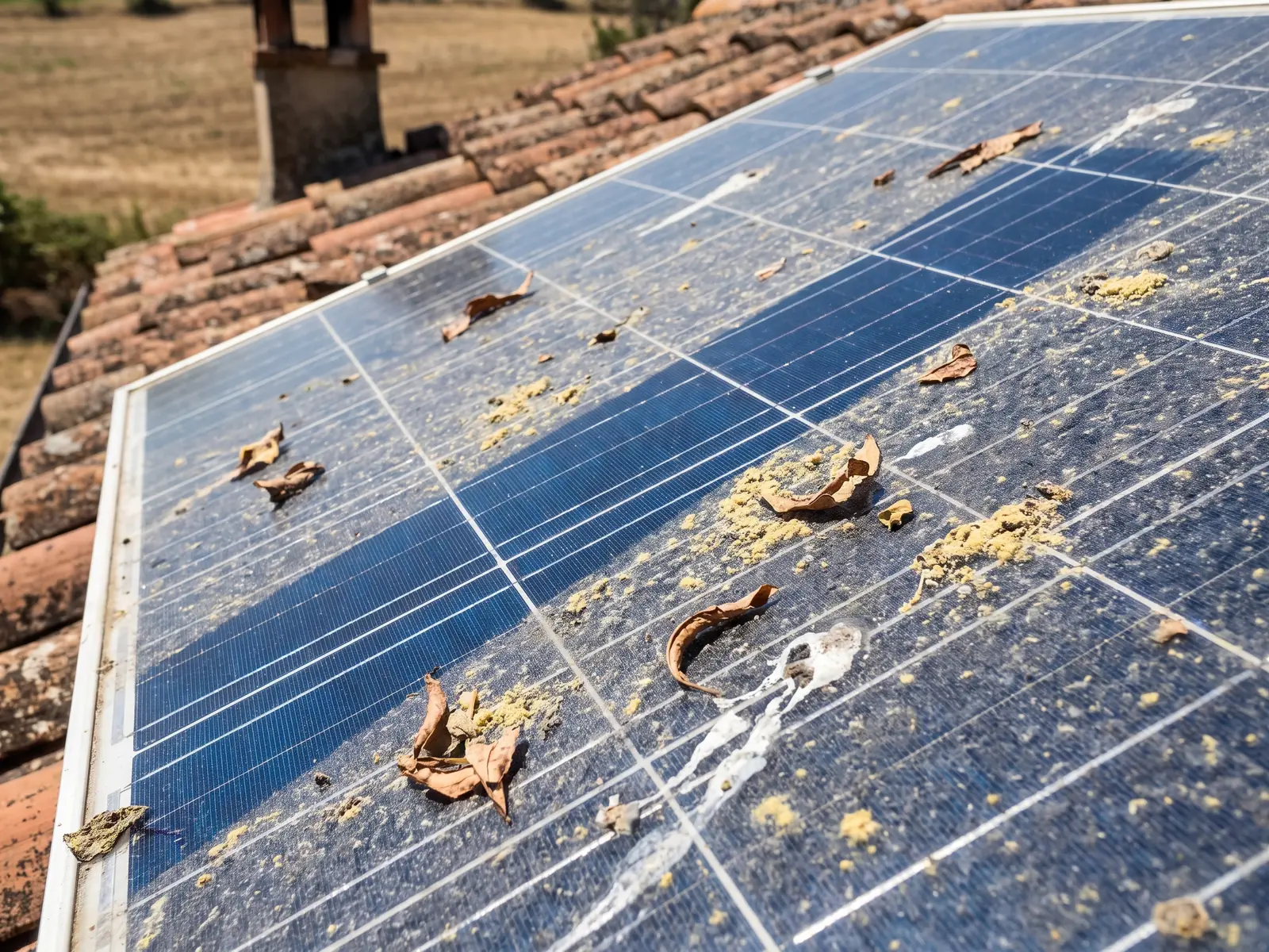 Il vetro di un pannello fotovoltaico coperto di polvere, pollini ed escrementi, con un tratto pulito che lascia vedere le celle