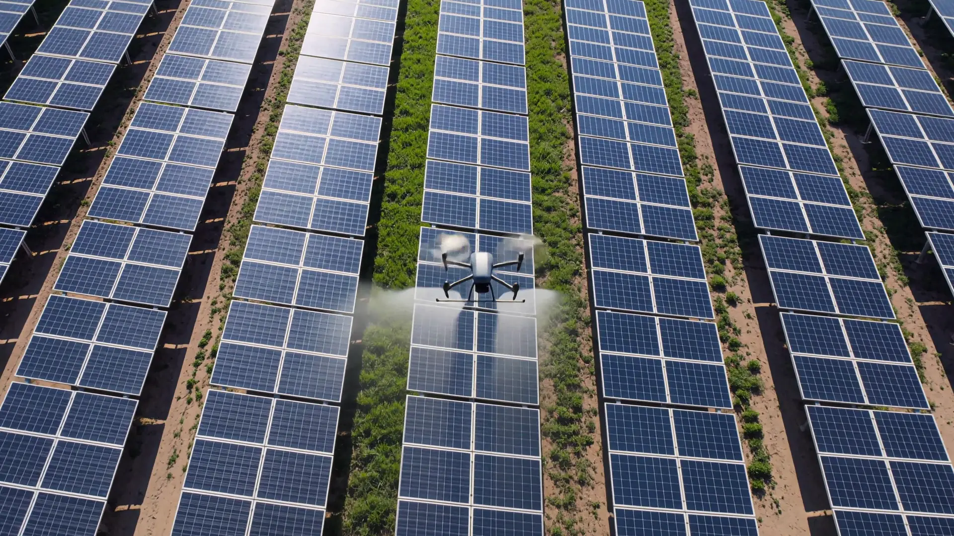 Un drone nebulizza il detergente lungo una fila di pannelli fotovoltaici, ripreso dall’alto in pieno giorno